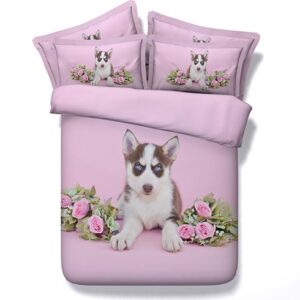 Husky Dog and Roses Printed 4-Piece Pink 3D Bedding Sets/Duvet Covers