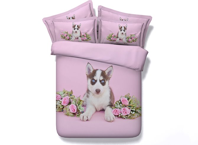 Husky Dog and Roses Printed 4-Piece Pink 3D Bedding Sets/Duvet Covers - Image 2