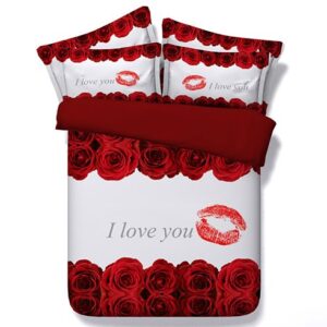 Red Roses and Lip Printed Love You Polyester 4-Piece 3D White Bedding Sets/Duvet Covers