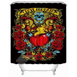3D Skull and Heart Printed Polyester Black Shower Curtain