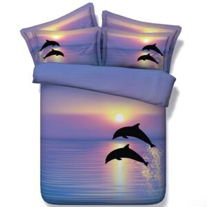 Jumping Dolphins Printed Polyester 4-Piece Purple 3D Polyester Bedding Sets/Duvet Covers Colorfast Wear-resistant Endurable