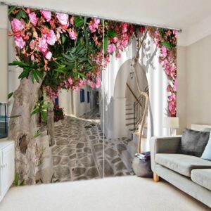 3D Pink Peach Flowers and White Corridor Printed Decorative and Shading Custom Curtain