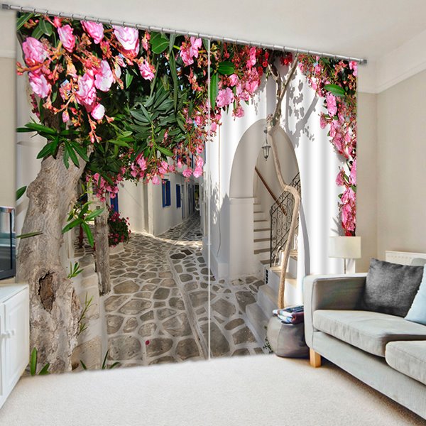 3D Pink Peach Flowers and White Corridor Printed Decorative and Shading Custom Curtain
