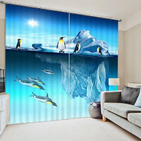Iceberg and Penguins Printed Decorative Living Room Curtain, Antarctica Scenery Shading Curtain - Image 7