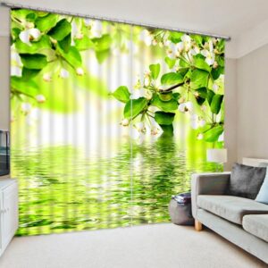3D White Flowers and Green Leaves Printed Natural Wonder Polyester Custom Curtain