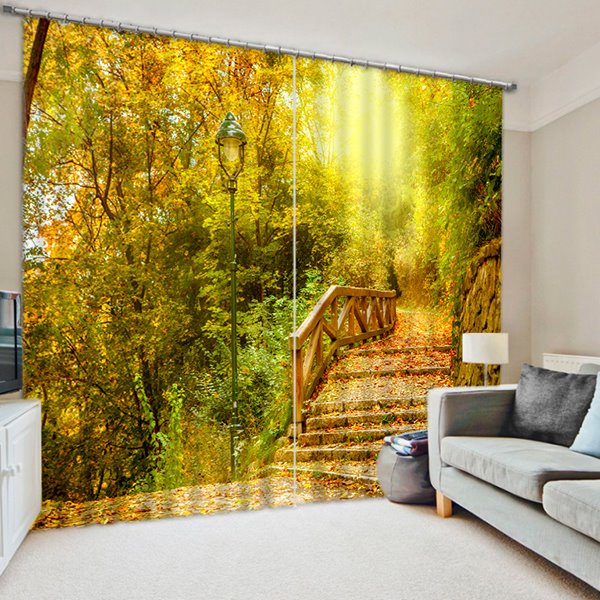 The Bridge Covered with Fallen Leaves Print 3D Custom Living Room Curtain - Image 3