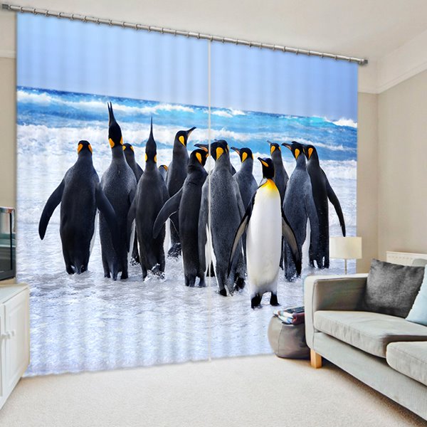 Cute Penguin Group Decorative Shading Curtain for Living Room, 2 Panel Style Blackout Curtain - Image 2