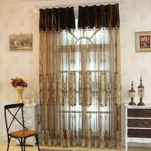 Decoration Polyester Embossed Damask European Style Light Brown Custom Sheer Curtain and Drapes