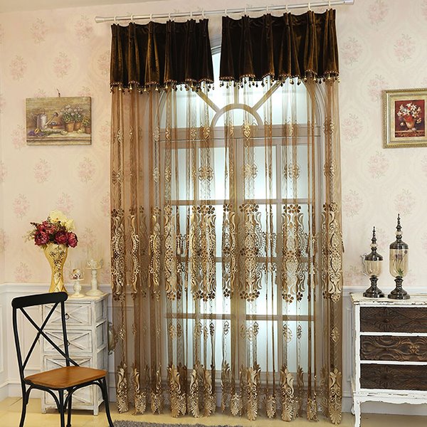 Decoration Polyester Embossed Damask European Style Light Brown Custom Sheer Curtain and Drapes