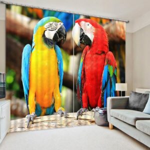3D Lovely Couple Parrots Printed Bird Style 2 Panels Blackout Custom Curtain