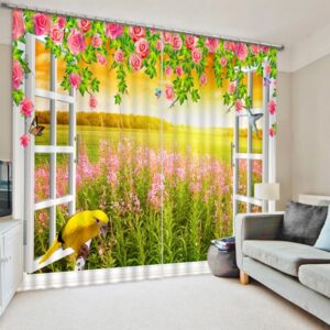 Red Rose with Broad Field of Lavenders and Lovely Bird Printed 3D Blackout Curtain