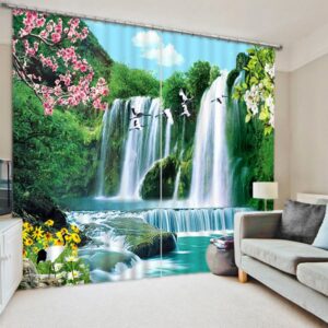 3D Waterfall Green Mountains Sunflowers and Cranes Scenery Printed Custom Living Room Curtain