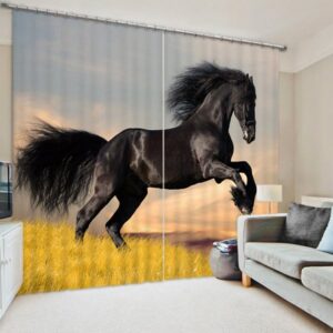 3D Running Black Horse Printed Wonderful Scenery 2 Panels Decorative Custom Curtain
