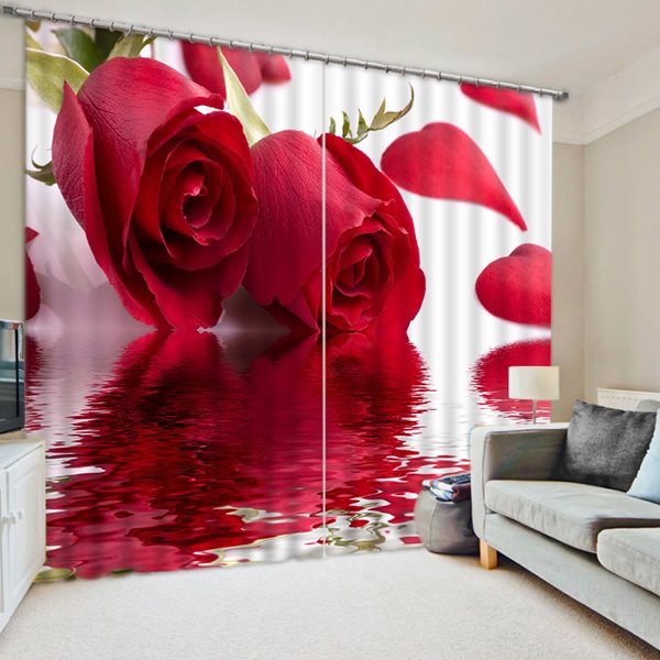Modern and Romantic Beautiful Red Roses Printed Custom 3D Blackout Curtain - Image 2