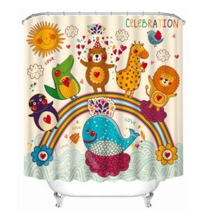 Cute Cartoon Animals Standing on the Rainbow Print 3D Shower Curtain