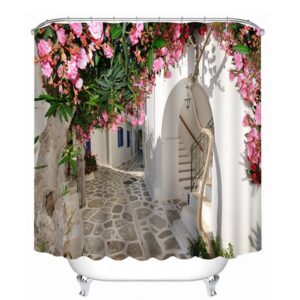 A Blooming Peach Tree in fron of the White Door Print 3D Shower Curtain