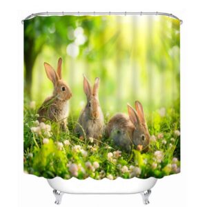 Three Cute Rabbits Playing on the Grassland Print 3D Bathroom Shower Curtain