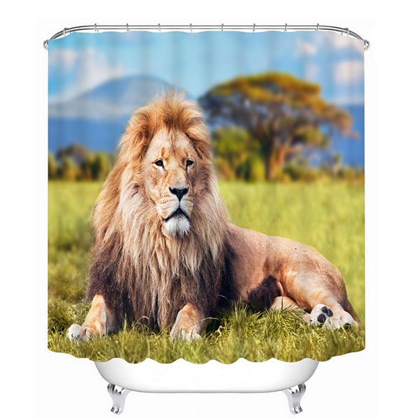 Vivid Majestic Lion Lying on the Grassland Print 3D Bathroom Shower Curtain - Image 3