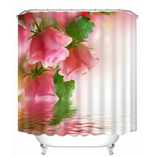 Trendy Pink Roses on the Water Print 3D Bathroom Shower Curtain - Image 2