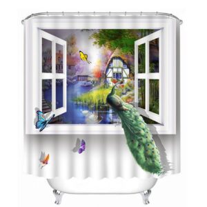 3D Peacock on Window Printed Polyester White Shower Curtain