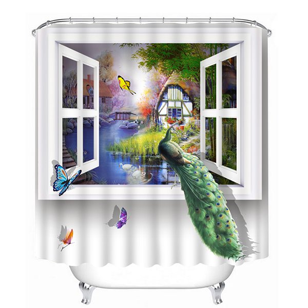 3D Peacock on Window Printed Polyester White Shower Curtain - Image 2