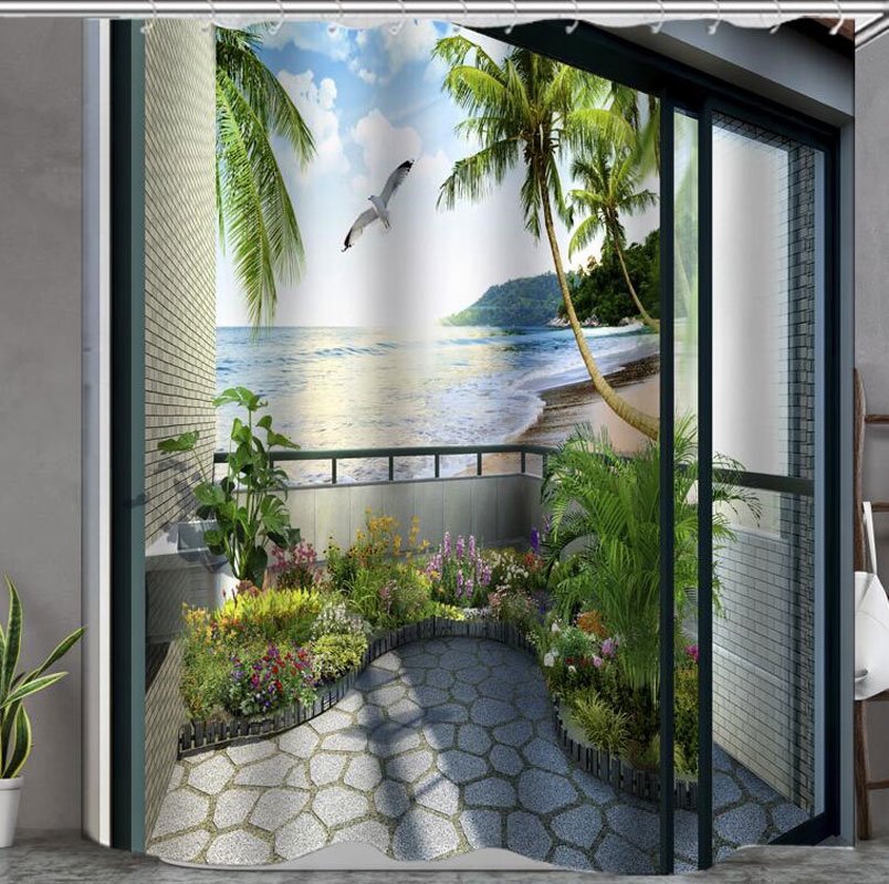 3D Seagull and Sea Printed Polyester Bathroom Shower Curtain - Image 2