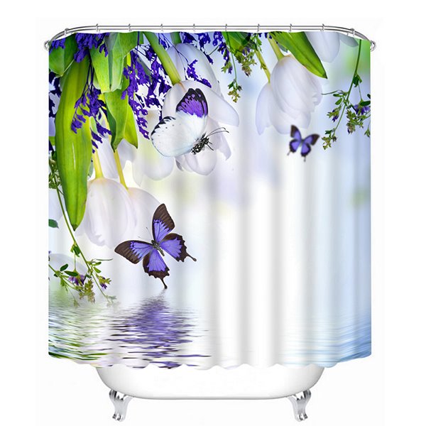 3D White Tulips and Purple Butterflies Printed Polyester Shower Curtain - Image 2