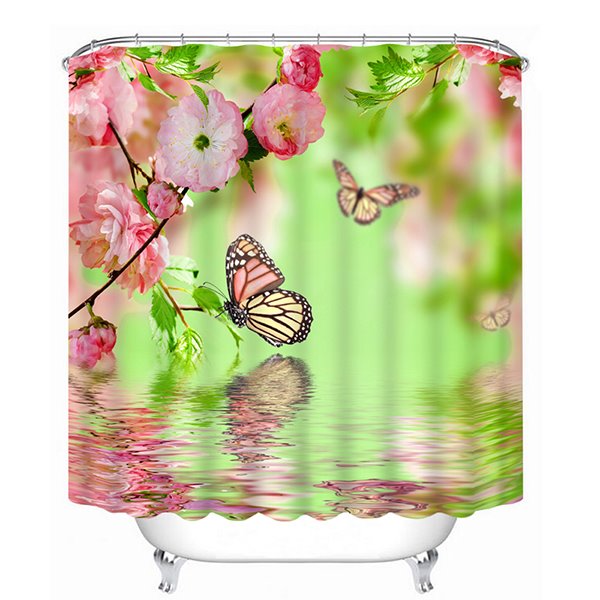 Pink Flowers and Colored Butterfies Over the Water Print 3D Bathroom Shower Curtain - Image 3