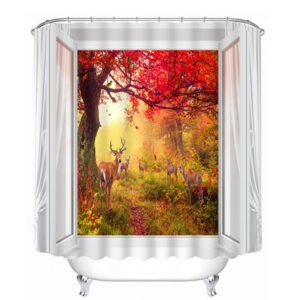 Magic Red Tree and Lovely Deer Print 3D Bathroom Shower Curtain