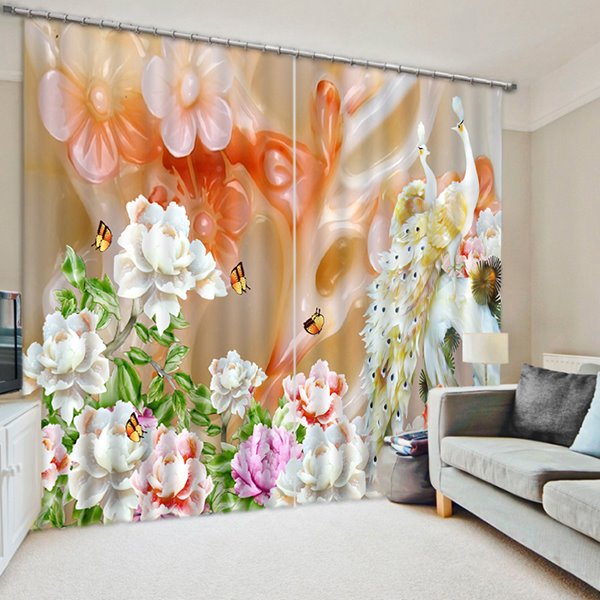 3D Elegant Peacocks and Butterflies with Carved White Flowers Printed Chinese Style Blackout and Decorative Curtain - Image 3