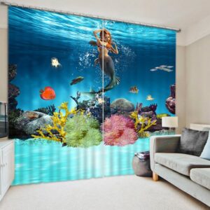 3D Delicay Mermaid and Colorful Corals Swimming Printed 2 Panels Custom Decoration Curtain
