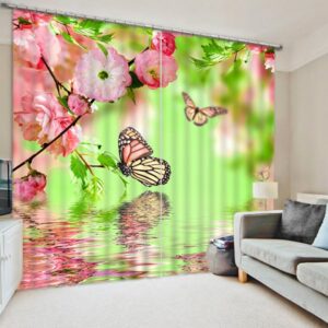 3D Elegant Butterflies and Pink Peach Flowers on the Water Natural Style Printed Blackout Curtain