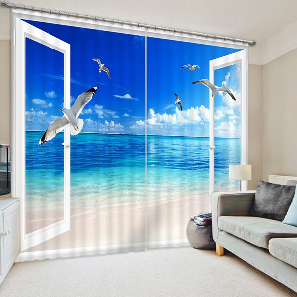3D Seaside and Blue Sky with Flying Seagulls Printed Natural Scenery Custom Curtain - Image 7