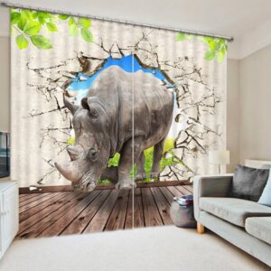 3D Strong Rhino Breaking the Wall Printed Thick Polyester Study Room Blackout Curtain