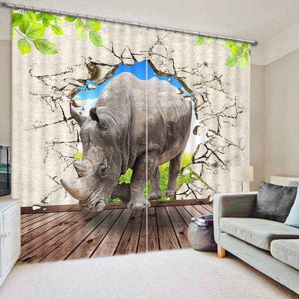 3D Strong Rhino Breaking the Wall Printed Thick Polyester Study Room Blackout Curtain
