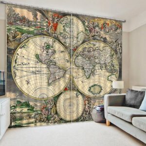 Antique World Map Printing Artistic and Creative Living Room Custom 3D Curtain