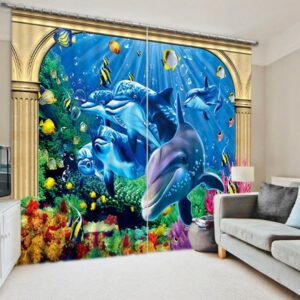 3D Cute Dolphins and Golden Fishes Printed Sea World 2 Panels Shading Curtain