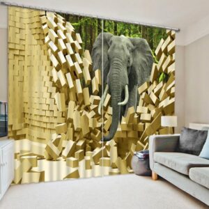 3D Elephant Breaking the Wall Printed 2 Pieces Decorative and Blackout Curtain
