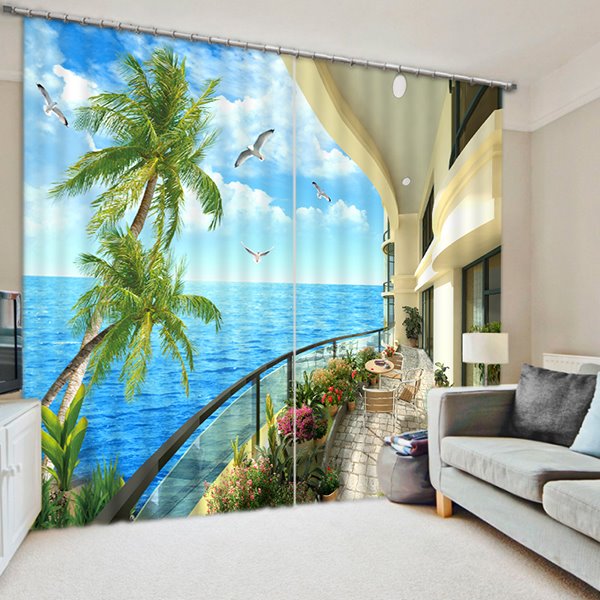 Blue Sky and Sea Seeing from Balcony Print 3D Custom Living Room Curtain - Image 2