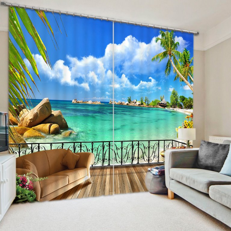 3D Printed Ocean Beach Tropical Palms Holiday Paradise Coast Charm Blackout Decorative Curtains Custom 2 Panels Drapes No Pilling No Fading No off-lining - Image 2