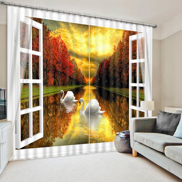 3D White Swan Swimming in Peaceful River with Red Trees Printed Blackout Custom Curtain - Image 2