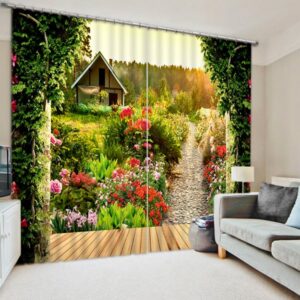 Log Cabin and Path with Flowers Printed Custom Living Room 3D Blackout Curtain