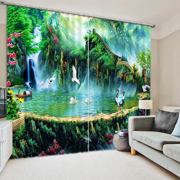 Ancient Chinese Hermit Life with Cranes Print 3D Blackout Curtain - Image 3