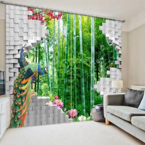 3D Peacocks with Bamboo Forest Printed Modern Style Decorative Custom Curtain