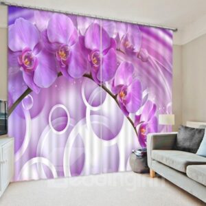 Beautiful Purple Phalaenopsis and White Circles Printed Custom 3D Curtain
