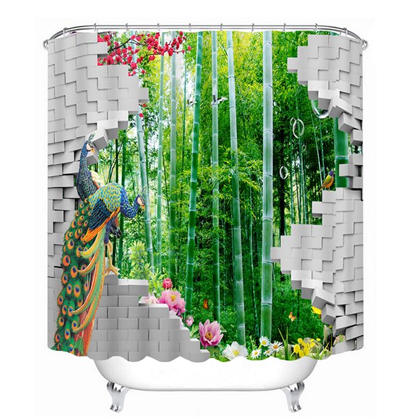 3D Peacocks in Front of Bamboo Forest Printed Polyester Shower Curtain - Image 2