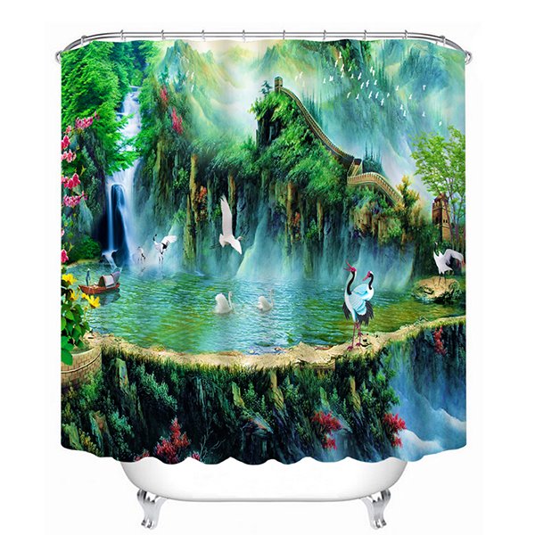 Ancient Chinese Hermit Life with Cranes Print 3D Bathroom Shower Curtain - Image 3
