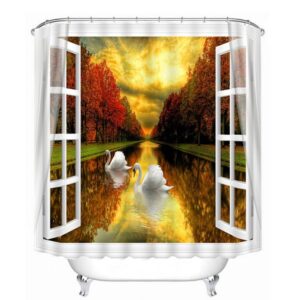 Couple Swans Swimming on the Calm Lake out of the Window Print 3D Bathroom Shower Curtain