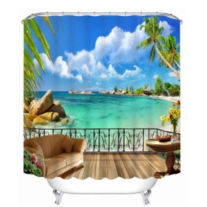 3D Seashore Balcony Printed Polyester Light Blue Shower Curtain