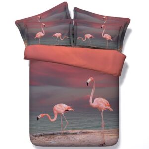 Pink Flamingo Printed Polyester 3D 4-Piece Bedding Sets/Duvet Covers Skin-friendly All-Season Ultra-soft Microfiber No-fading